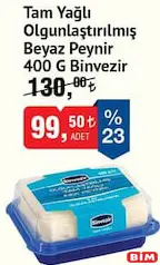 BİNVEZİR TAM YAĞLI OLGUNLAŞTIRILMIŞ BEYAZ PEYNİR 400 G
